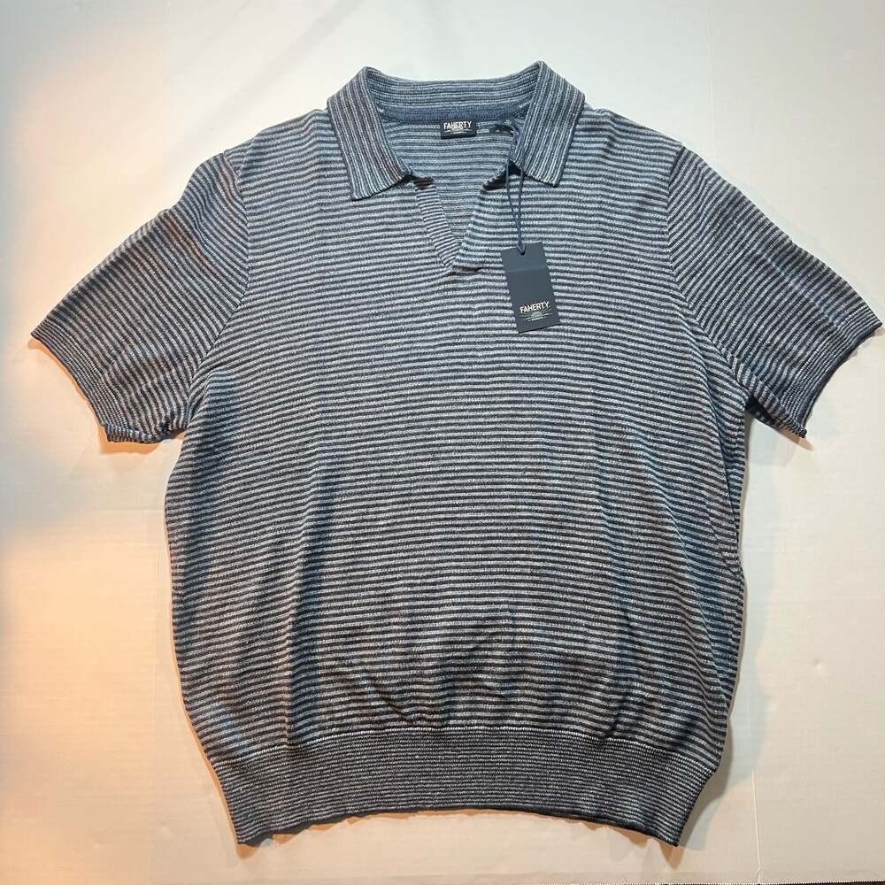 Faherty Reserve 100% Linen Short Sleeve Sweater Polo in Cayman Navy Feeder XL